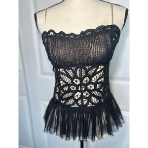 Betsey Johnson Black Lace Crochet Corset Peplum Party Top Sz 6 Y2K Cami